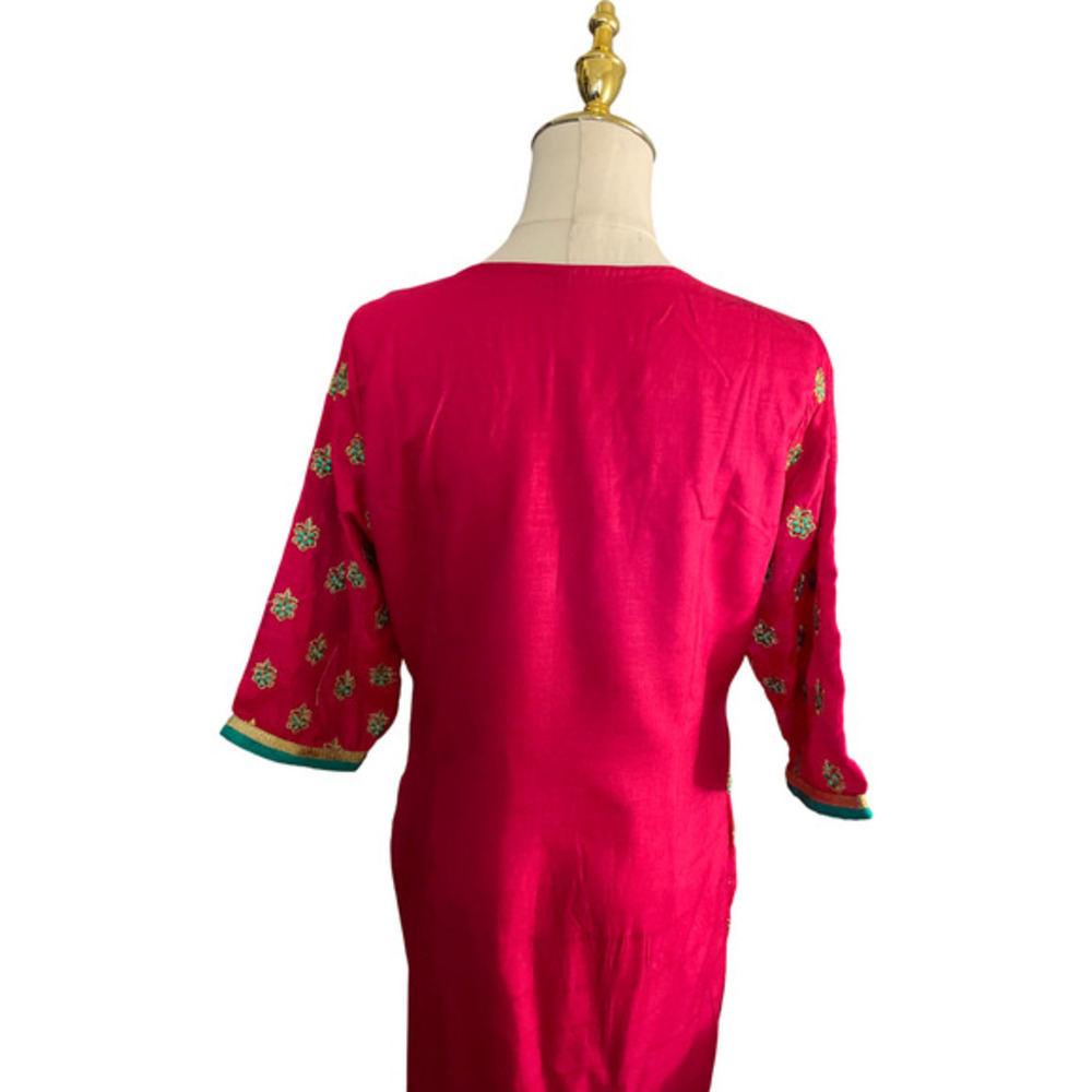 Pink Silk Blend Embroidered Kurta Tunic Teal Gold Floral Notched‎ V-Neck Festive - Picture 2 of 10